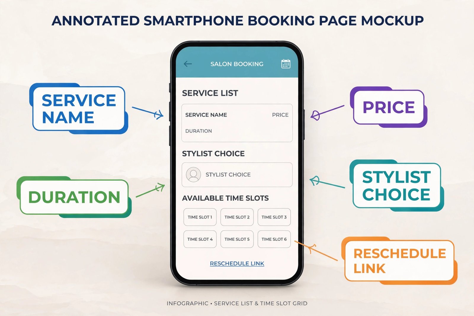 Annotated salon booking page