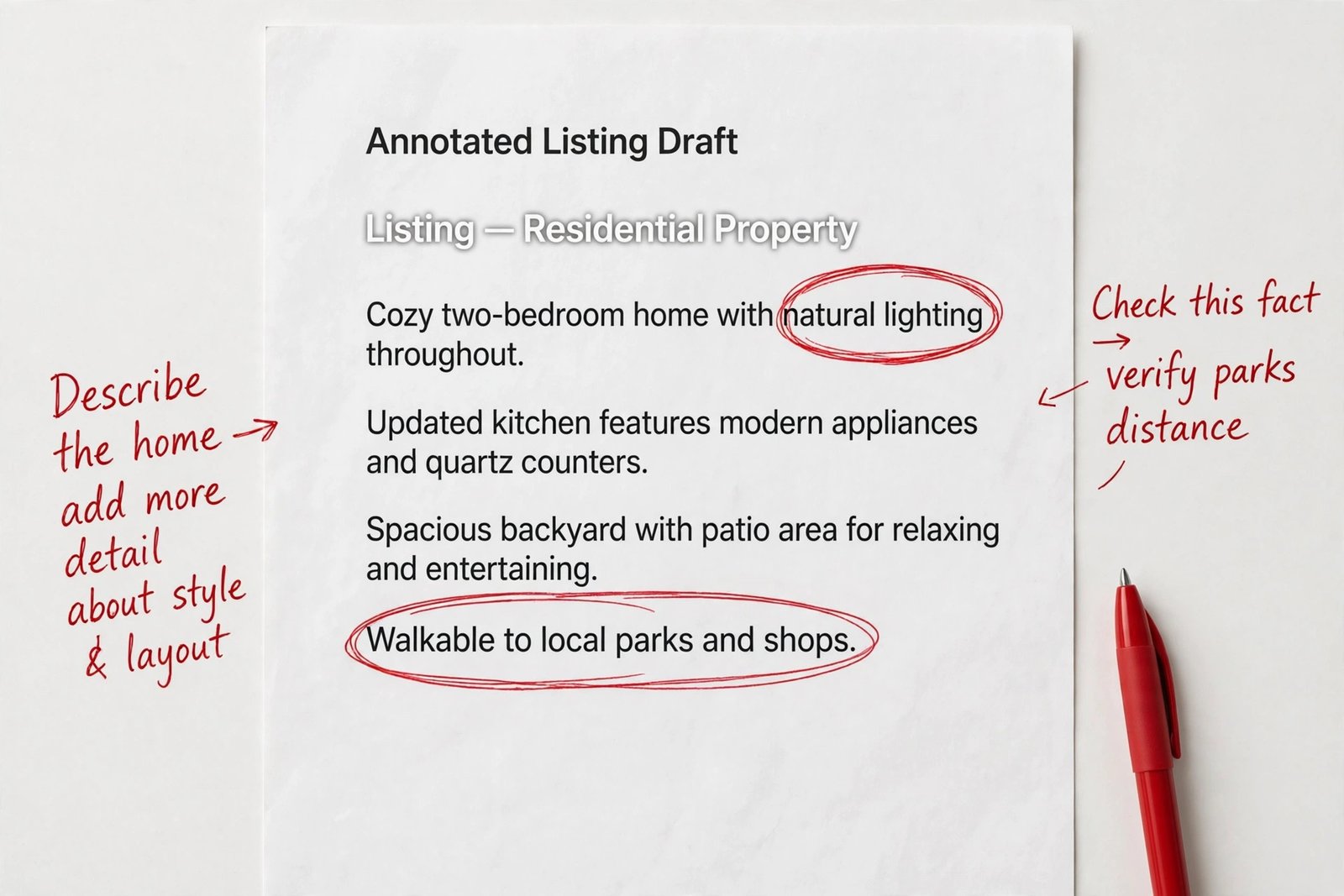 Annotated listing draft with risky phrases circled and corrected