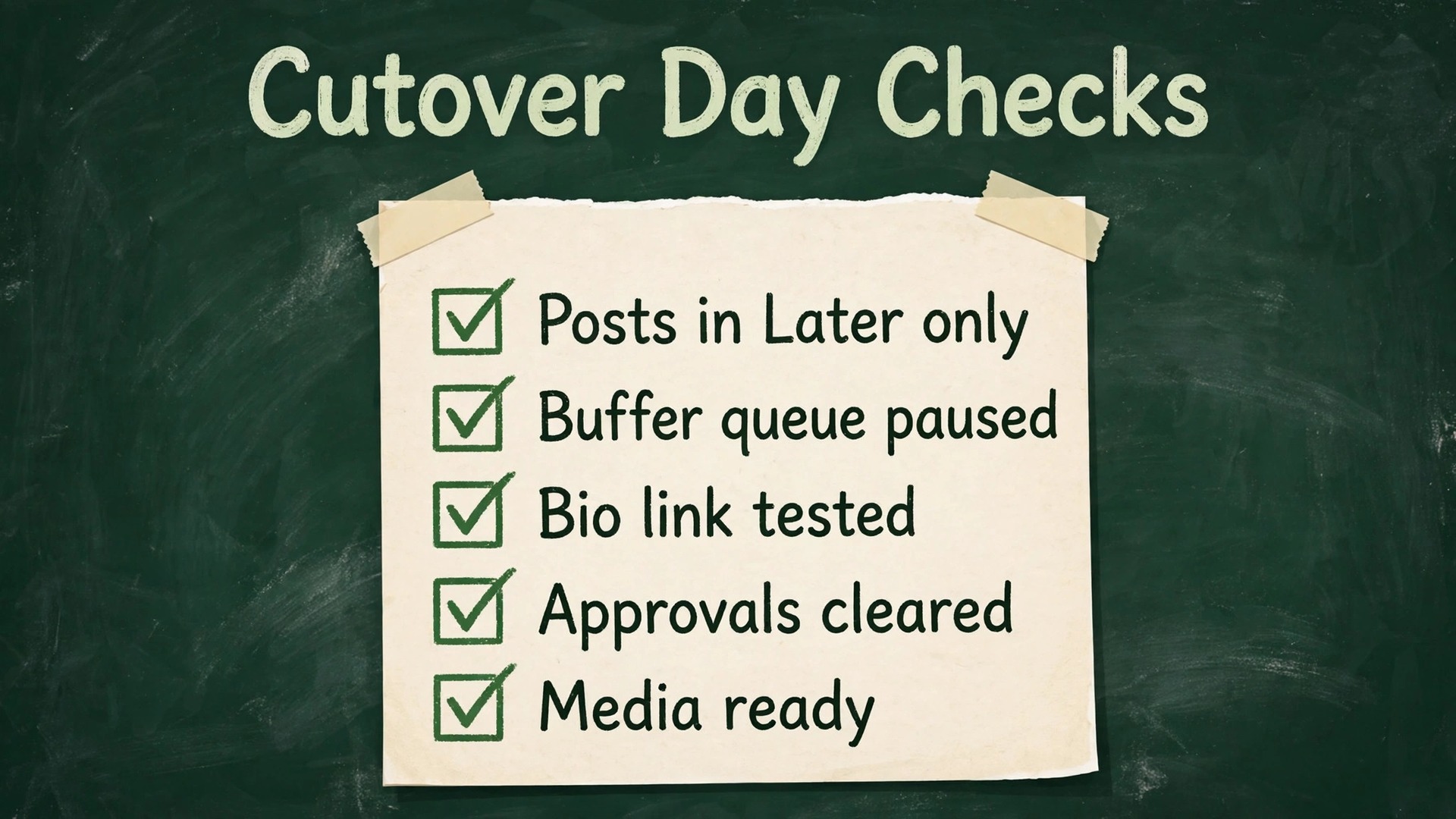Checklist visual for cutover day checks before the first post goes live