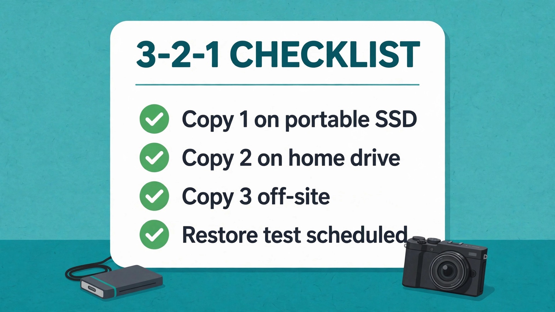 Checklist visual for the 3-2-1 photography backup rule