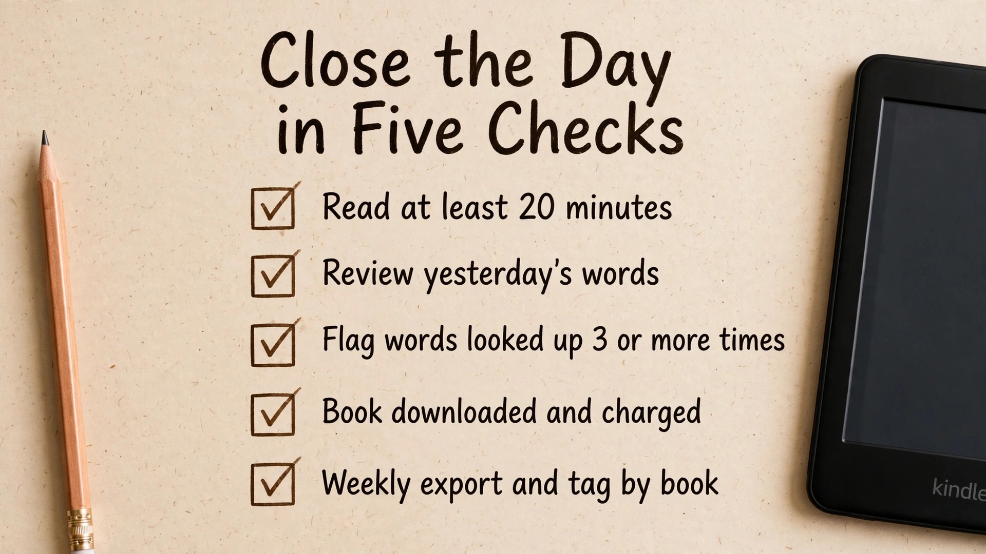 Checklist visual for the daily Kindle language reading and review routine