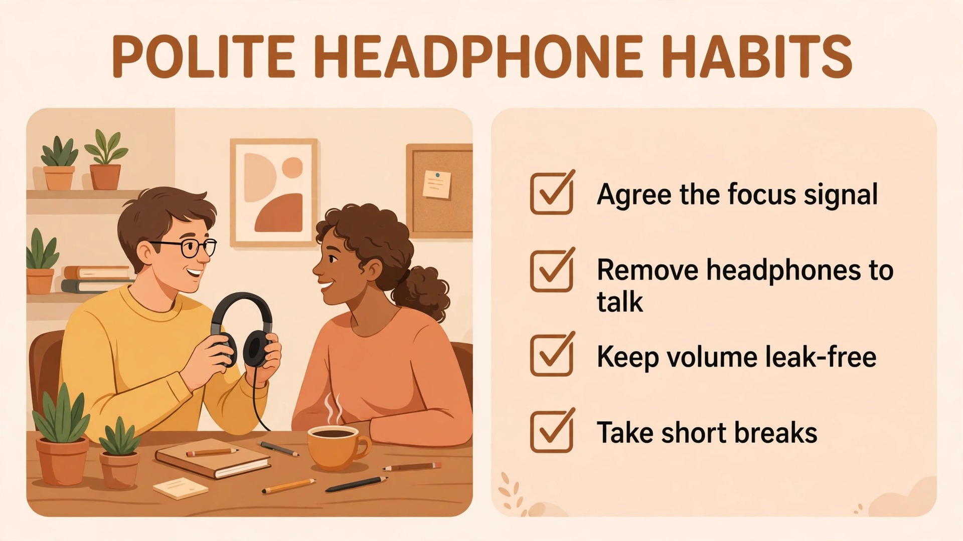 Checklist visual for polite headphone use in a shared office