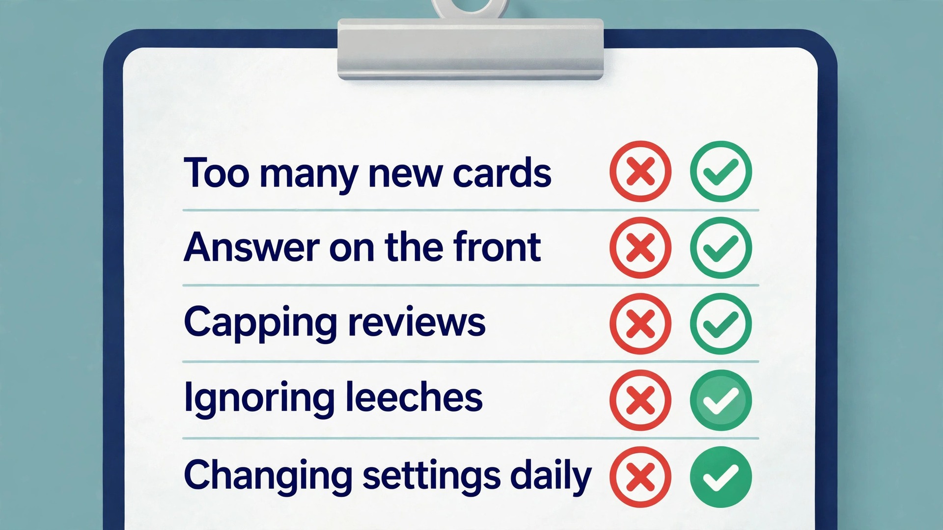 Checklist visual of common Anki vocabulary deck mistakes and fixes
