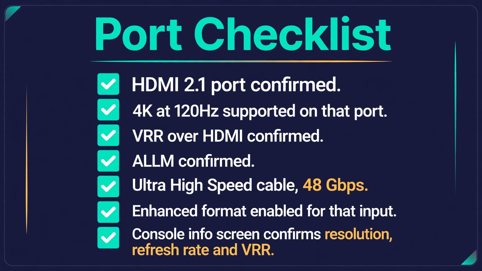 Checklist visual for console monitor ports, cable, VRR and ALLM checks