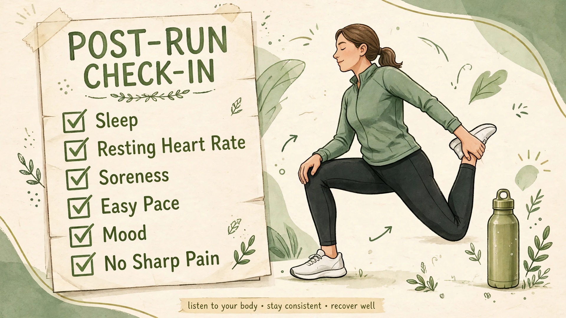 Recovery checklist visual with ticks for sleep, resting heart rate and soreness checks