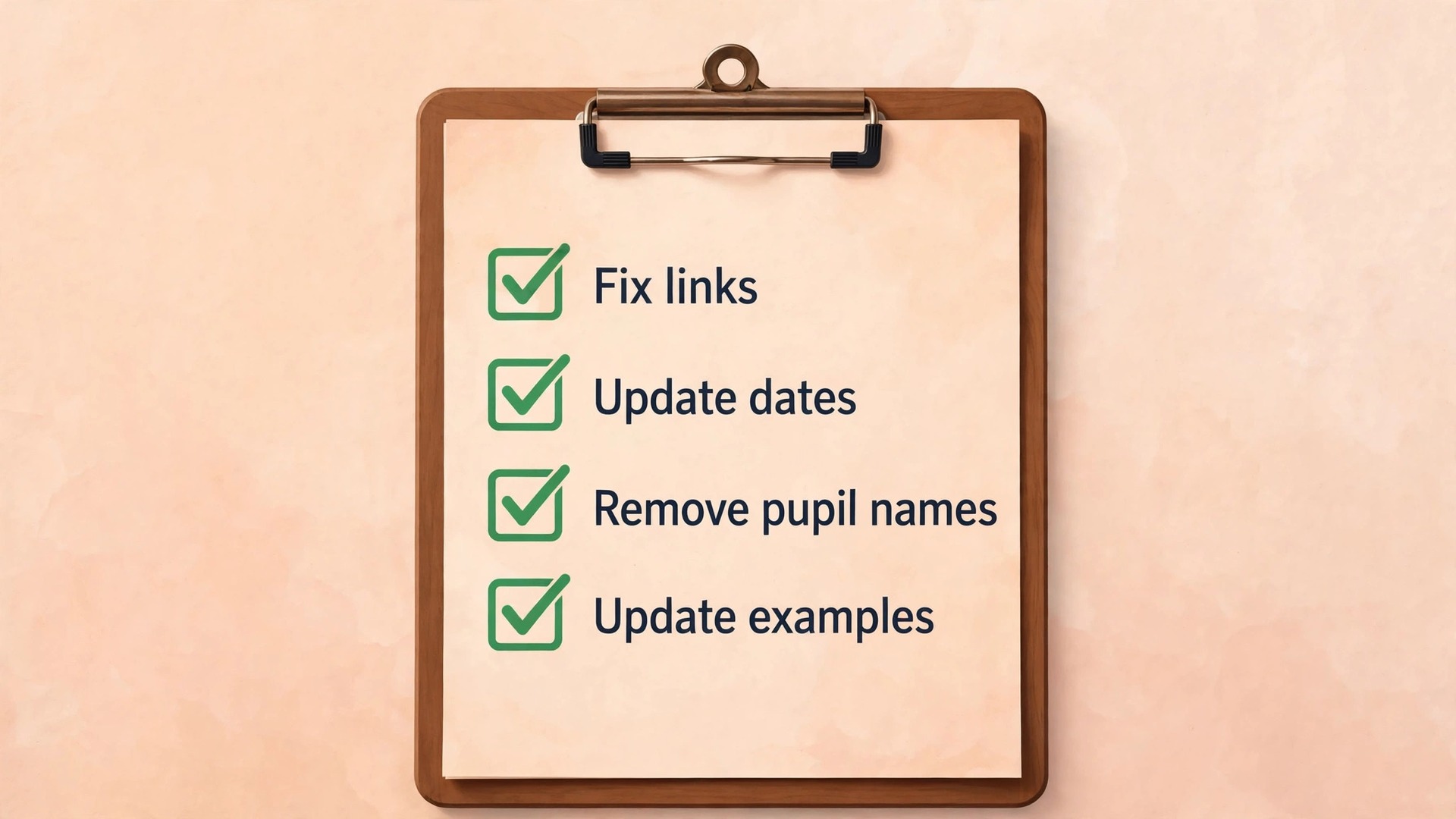 End of unit reuse checklist with ticks for links dates and pupil names