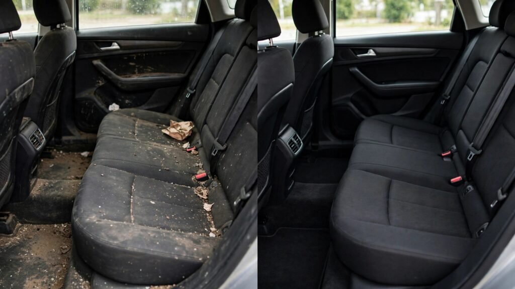 Before and after car interior detailing comparison
