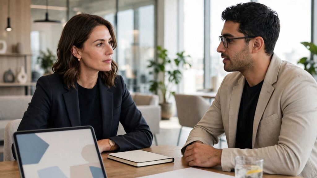 Recruiter interviewing a candidate in a bright modern office