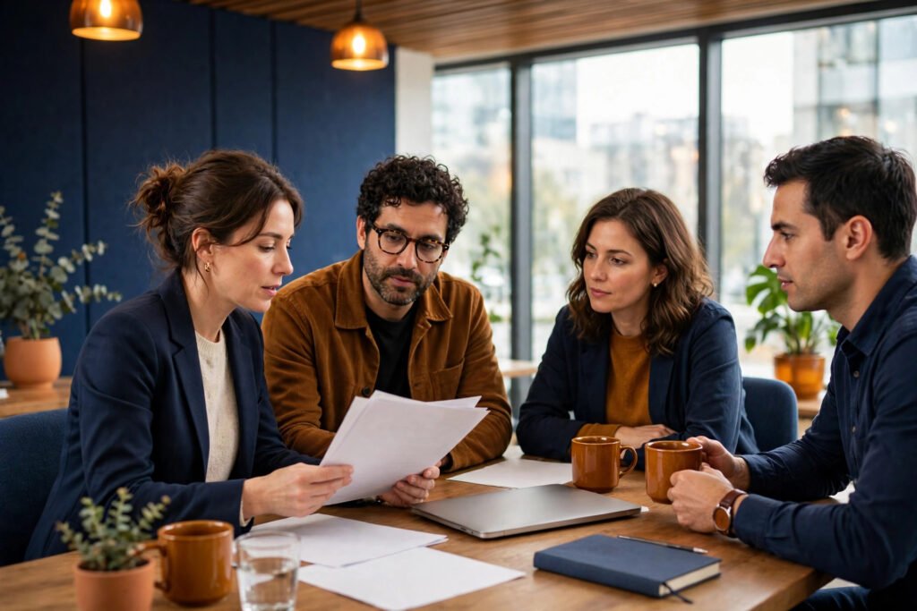 Photorealistic photo of a product manager reviewing interview notes with a team