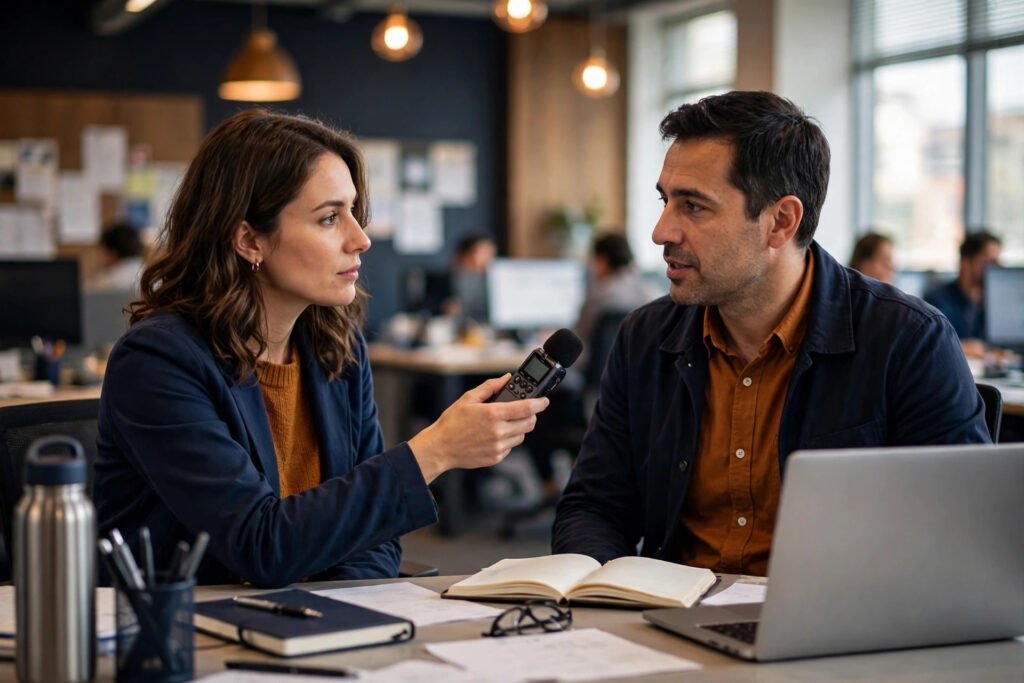 Photorealistic photo of a journalist recording an interview in a newsroom