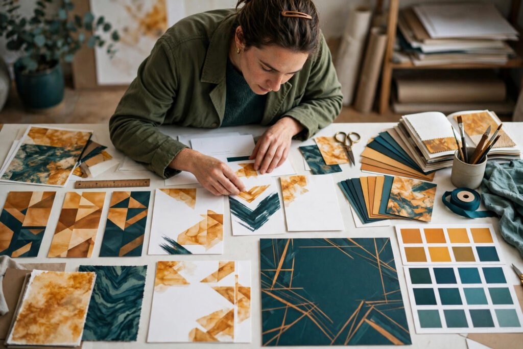 Editorial photo of a designer laying out invitations and signage