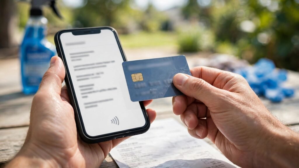 Customer paying a pest control invoice by card on a phone