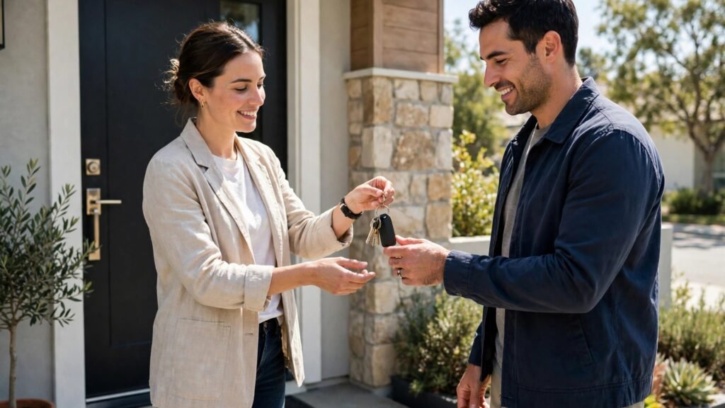 Keys handover at a front door for a new tenancy