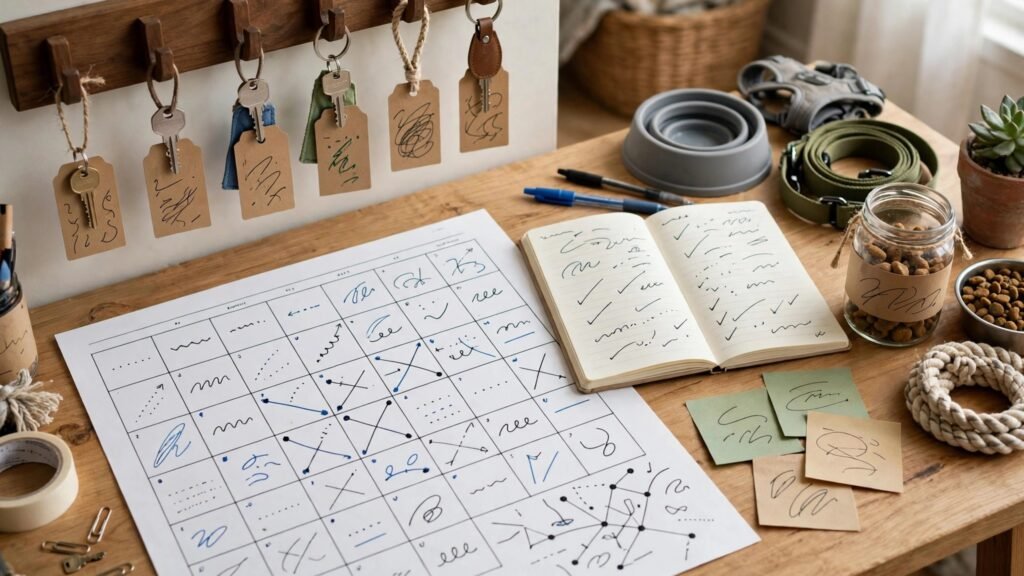 Pet sitting keys and daily route calendar organised