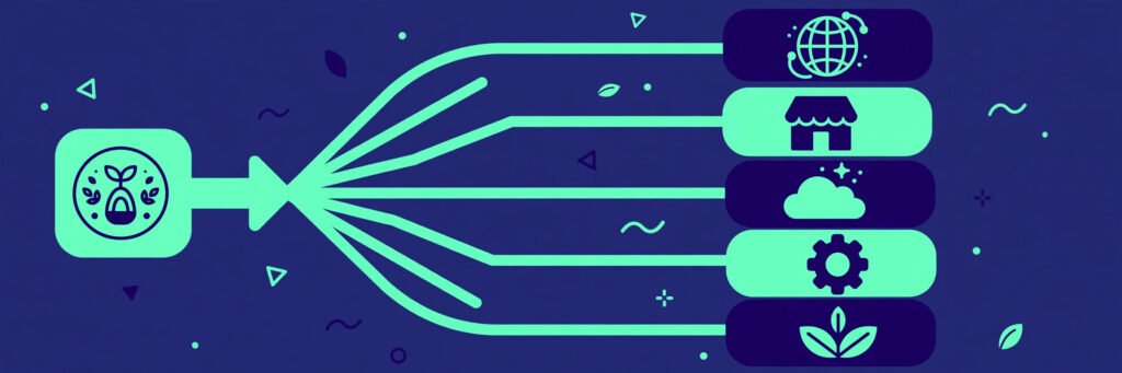 Flat vector illustration of a keyword domain combination workflow