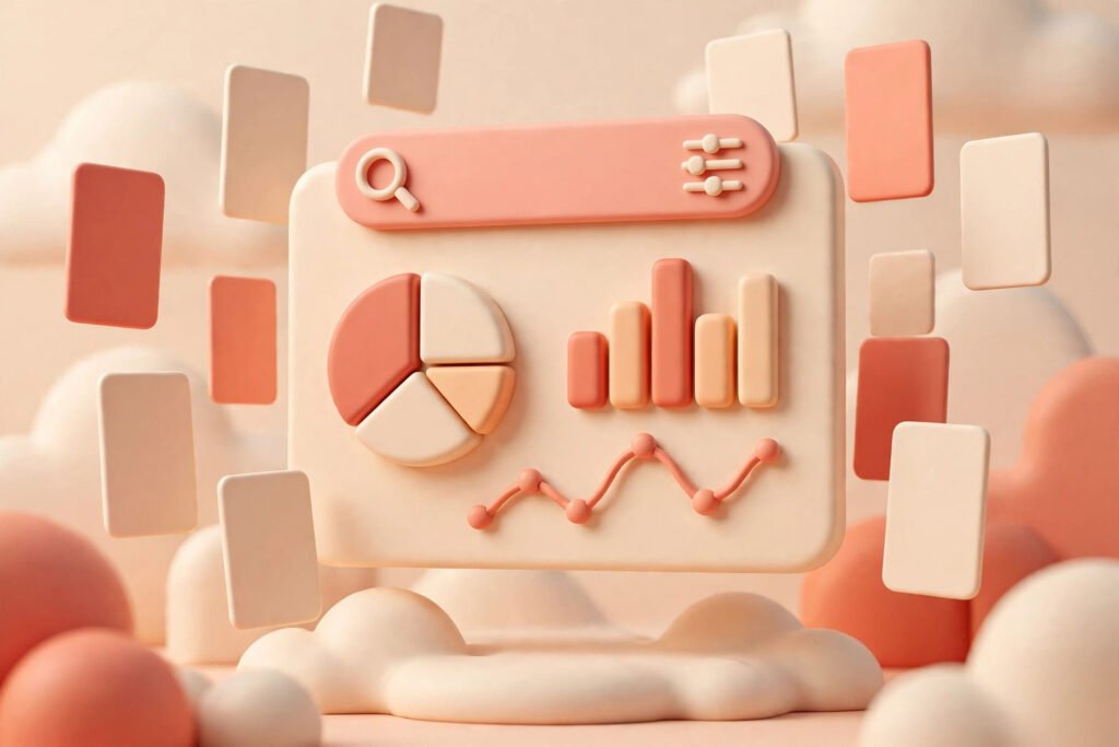 3D render of a Pinterest keyword dashboard with floating pin cards