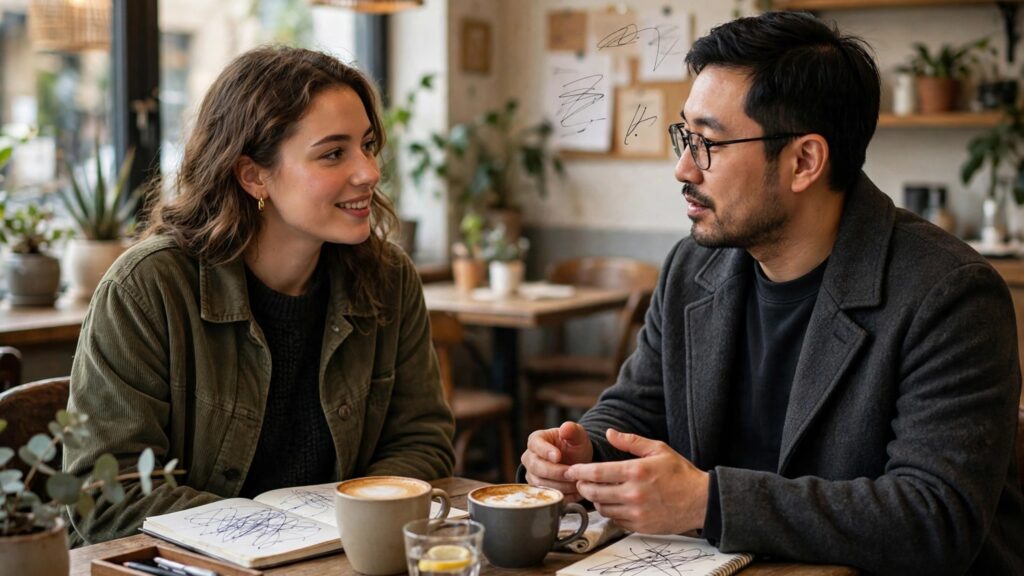 Language exchange conversation in a cafe