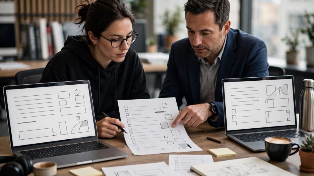 Editorial photo of a designer and client reviewing a website launch checklist