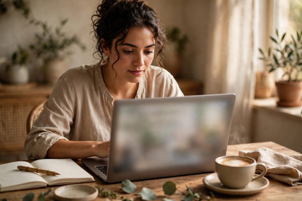 Editorial photo of a creator reviewing a course launch email on a laptop