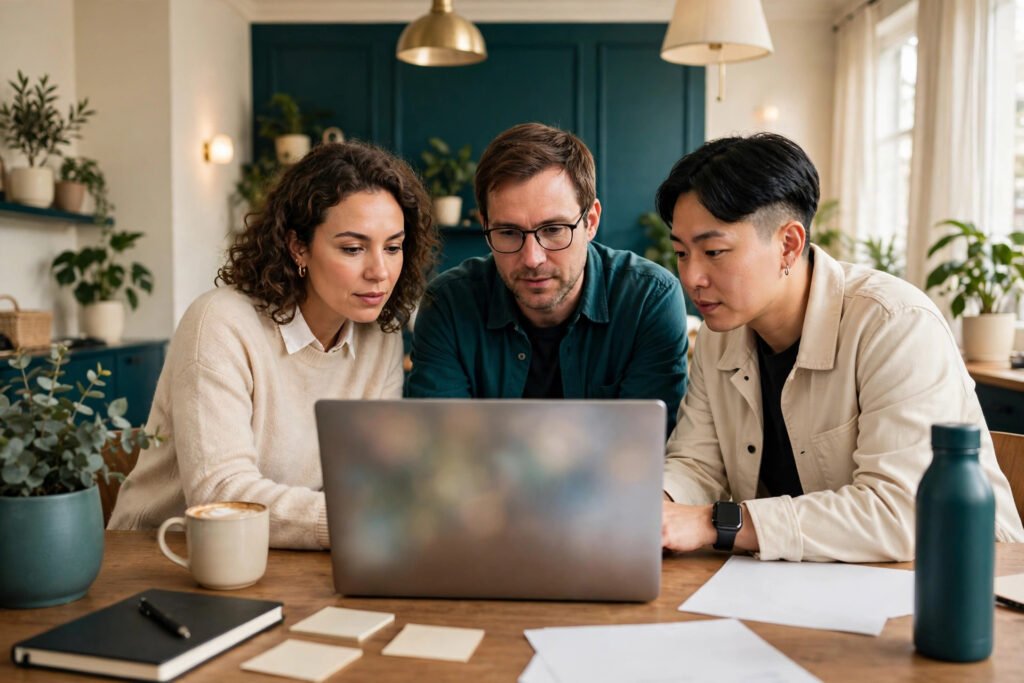 Editorial photo of creators reviewing launch results together.
