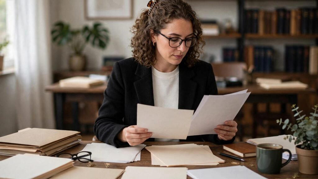 Lawyer reviewing case documents at a desk in a law office