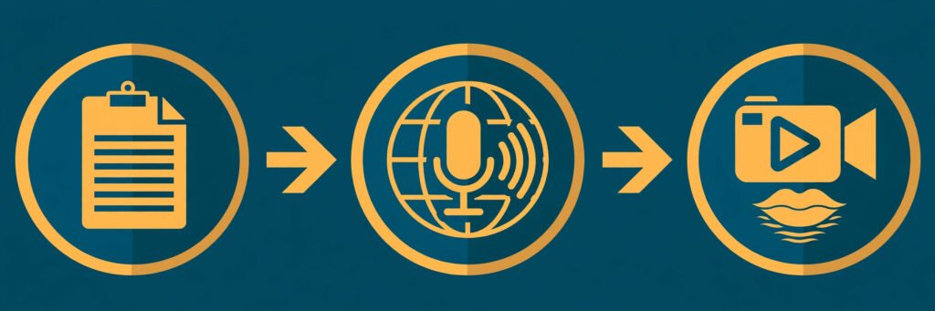 Flat vector illustration of a lip sync workflow from script to matched video