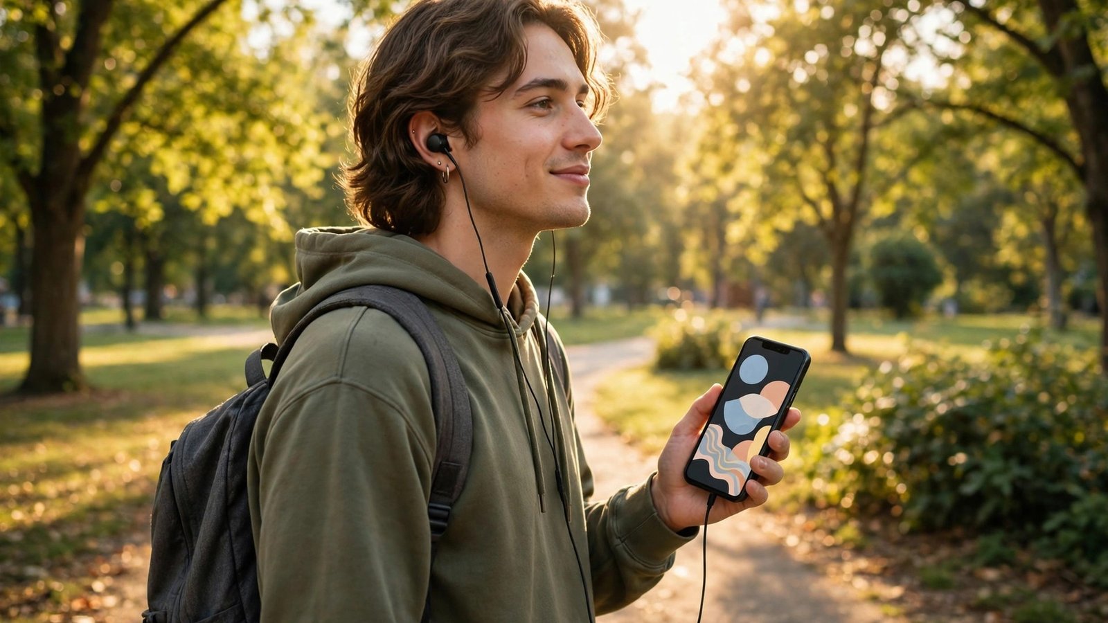 Listener enjoying an audiobook outdoors with earbuds