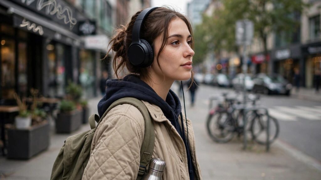 Language learner listening to a podcast while walking