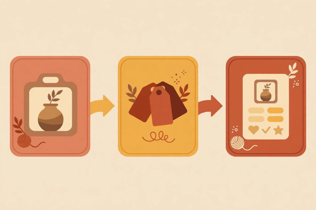 Flat vector illustration of an Etsy listing optimisation workflow