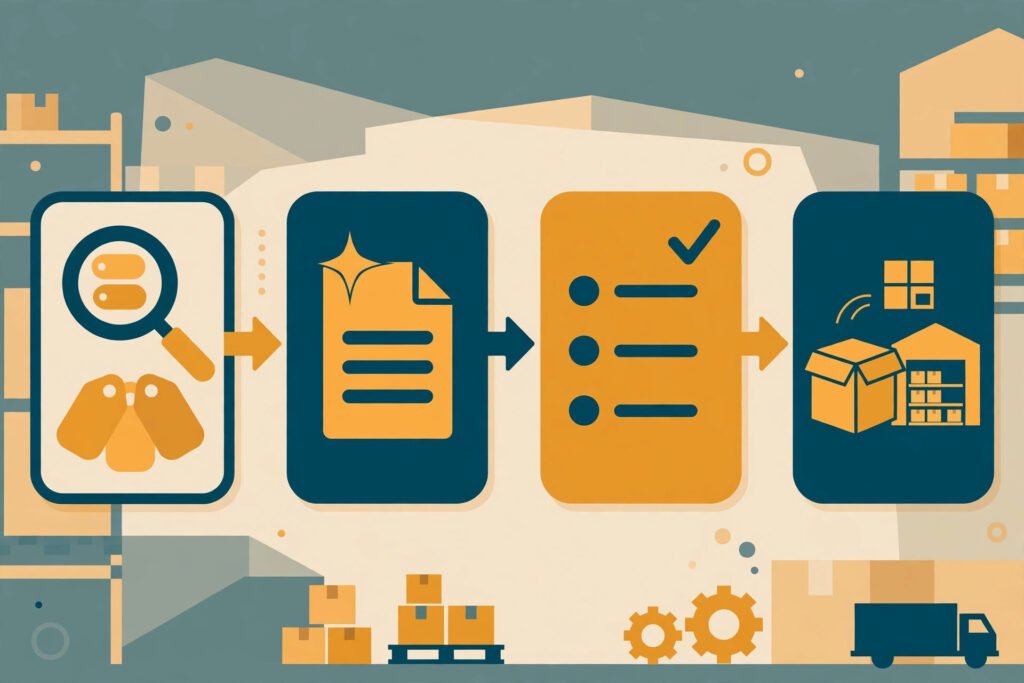 Flat vector illustration of an Amazon listing optimisation workflow
