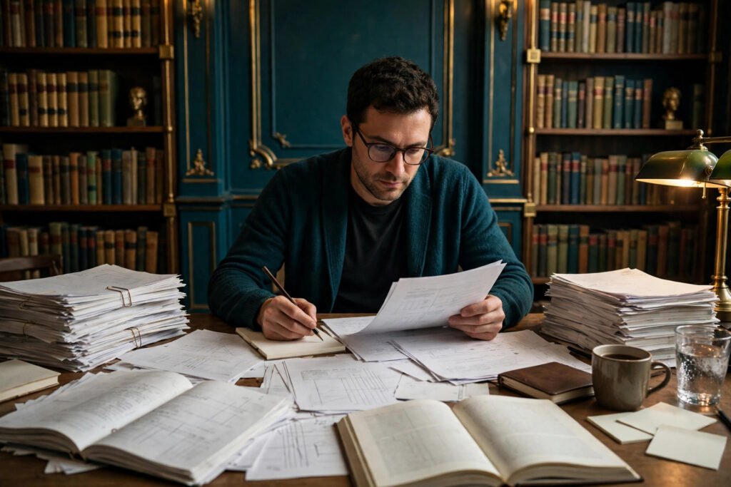 Editorial photo of a researcher reviewing journal papers for a literature review