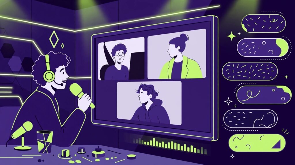 Live show host interviewing guests in a streaming studio