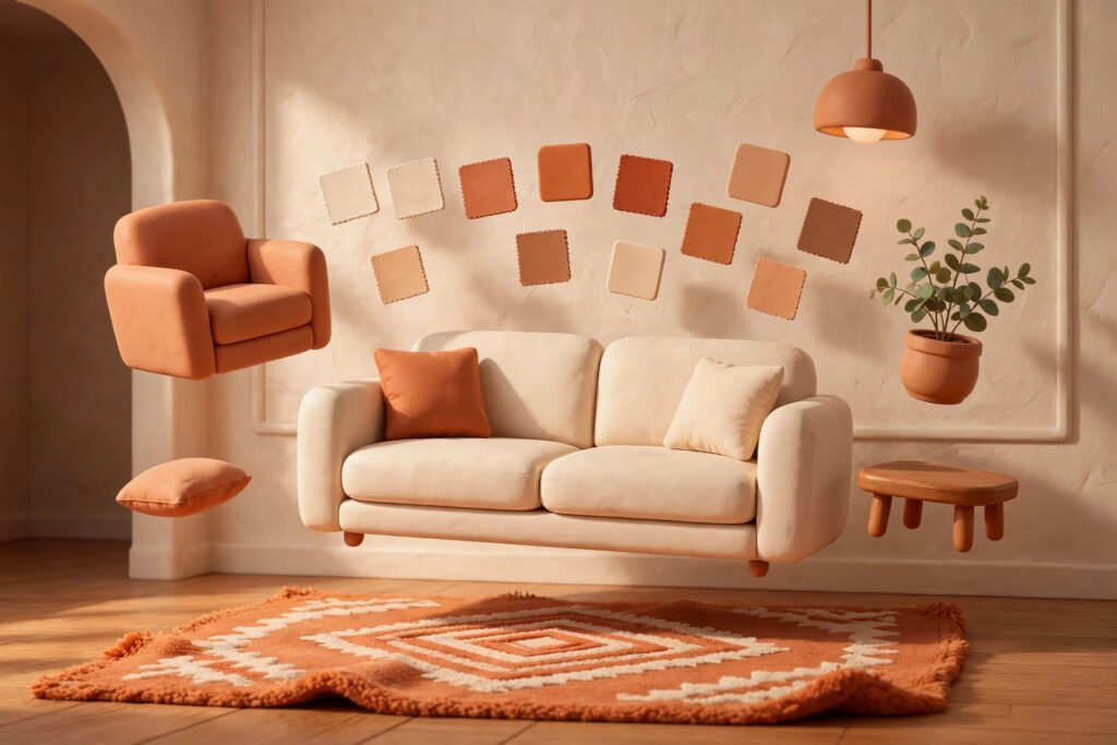 3D render of a living room with floating furniture and colour swatches