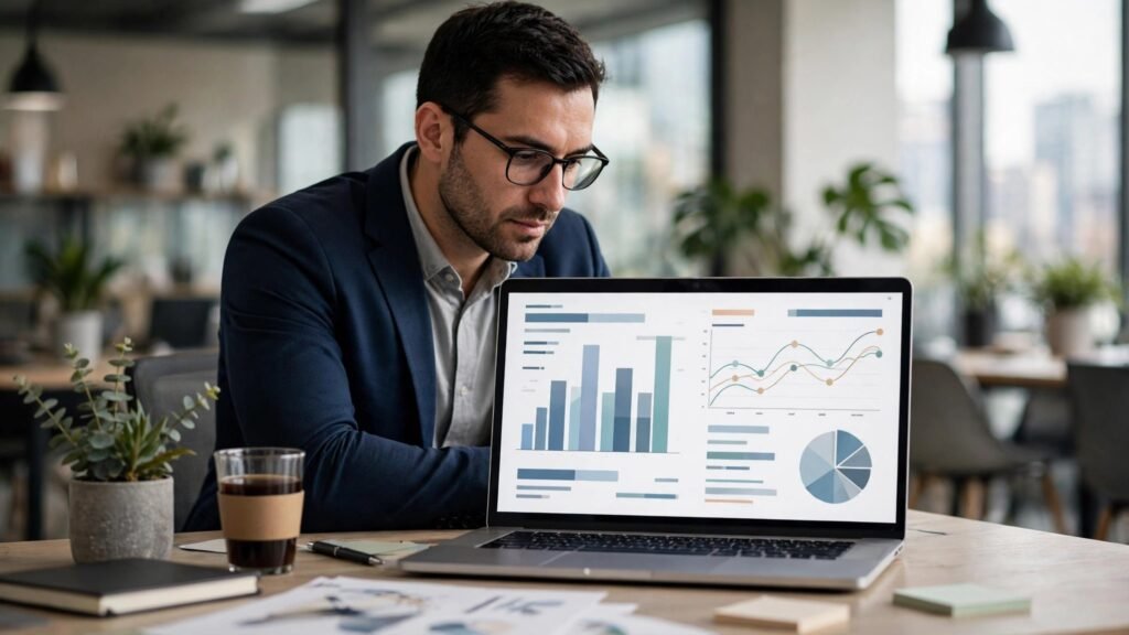 Property manager reviewing a portfolio dashboard on a laptop