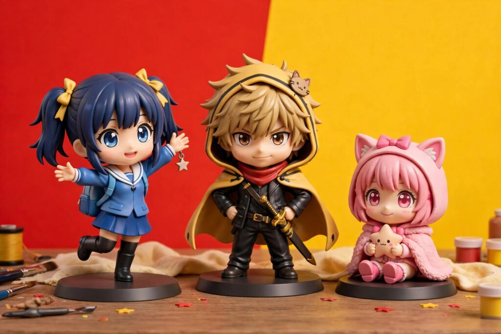 3D render of manga character figures posed on a studio desk