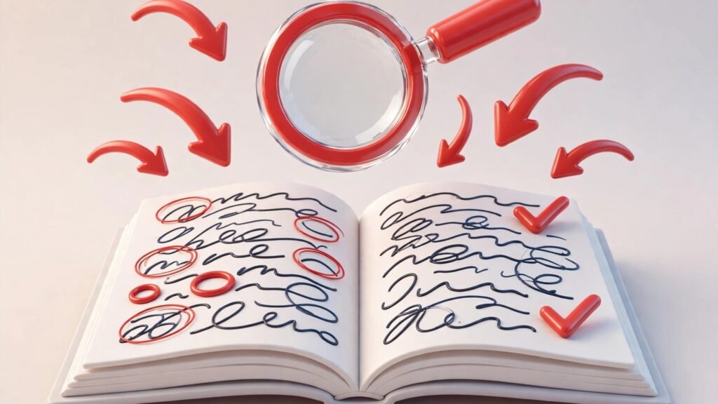 3D render of a manuscript with editing marks and magnifier