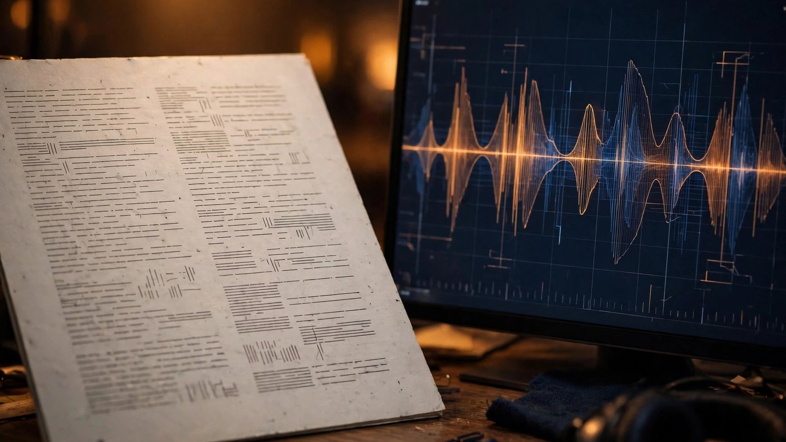 Manuscript beside an audio waveform during audiobook production