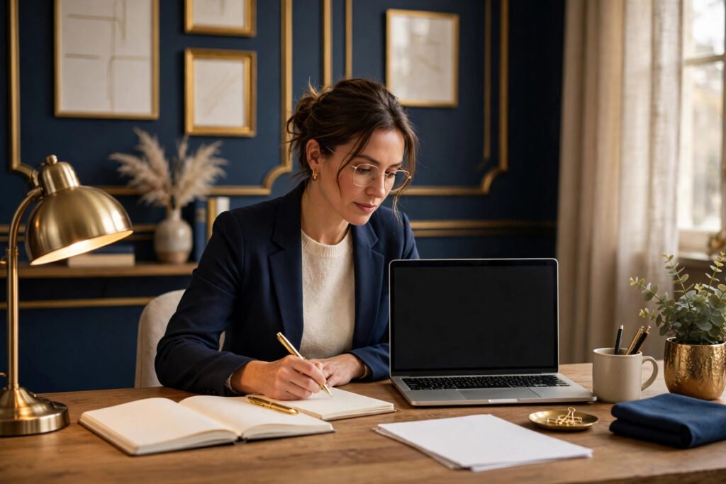 Editorial photo of an advisor preparing client marketing content at a desk