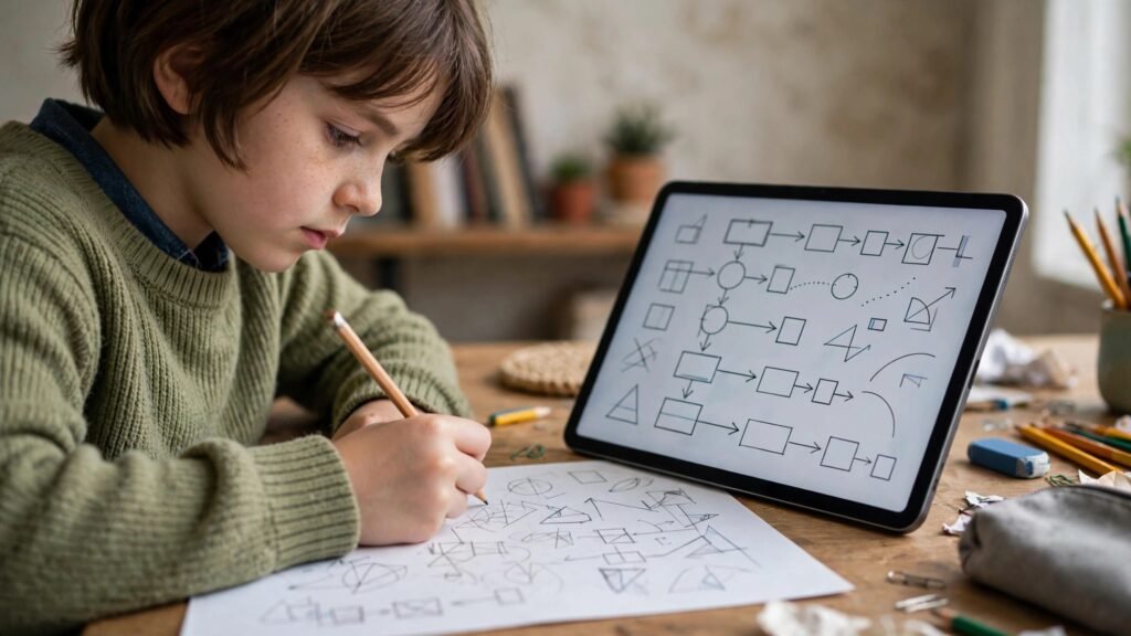 Child checking maths working on paper beside a tablet