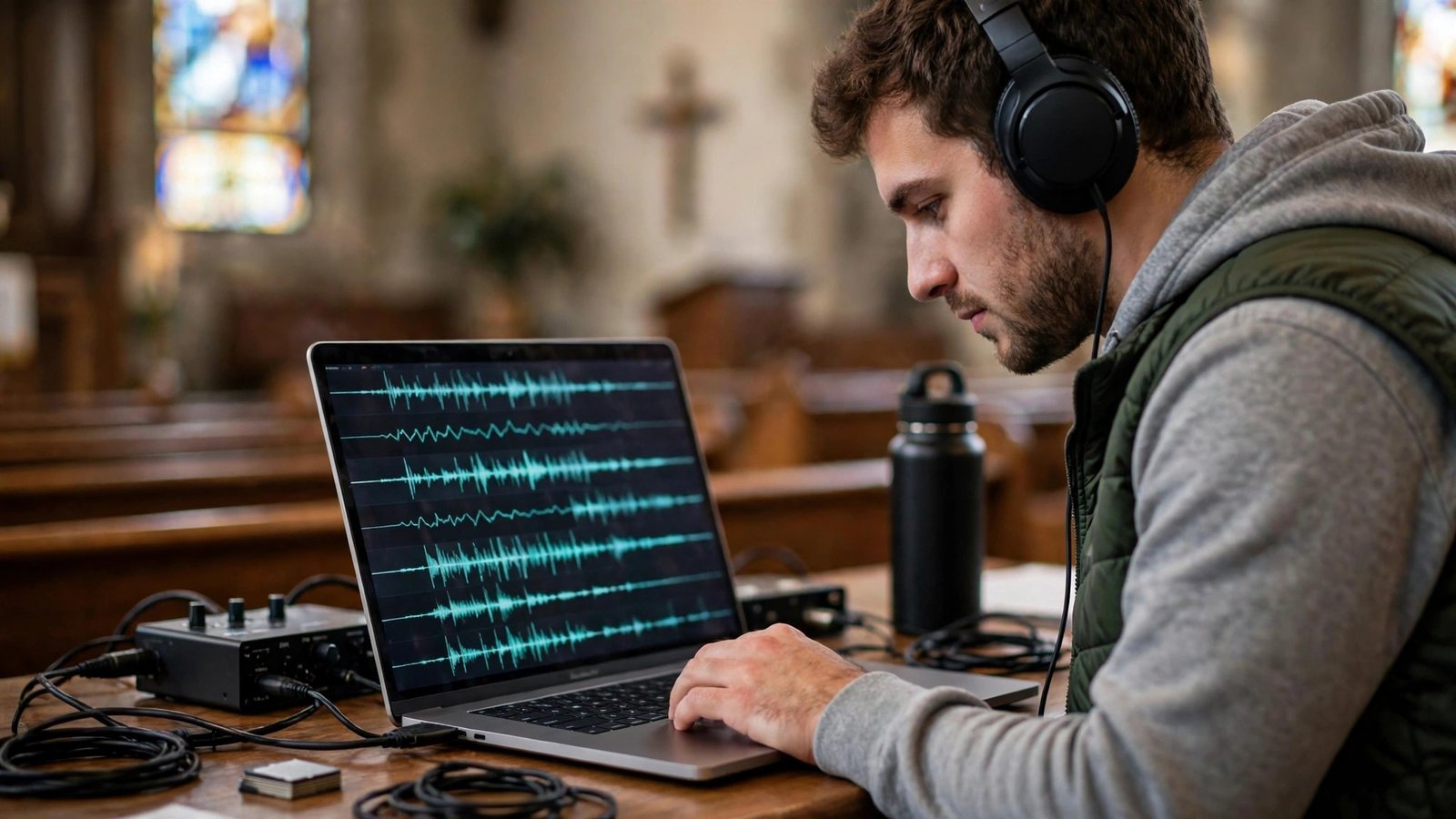 Church media volunteer editing a service recording on a laptop