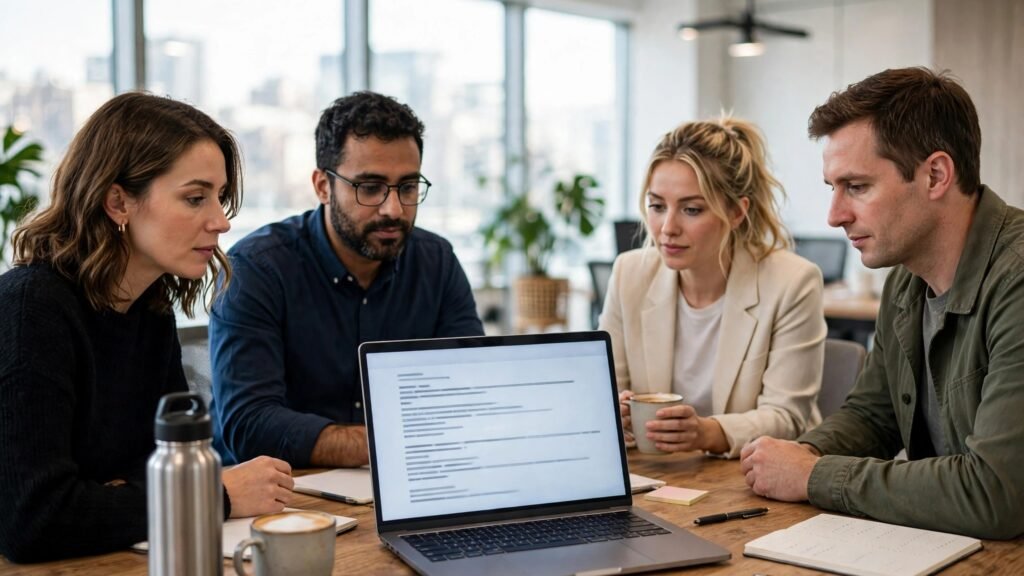 Team in a meeting with live transcription on a laptop screen