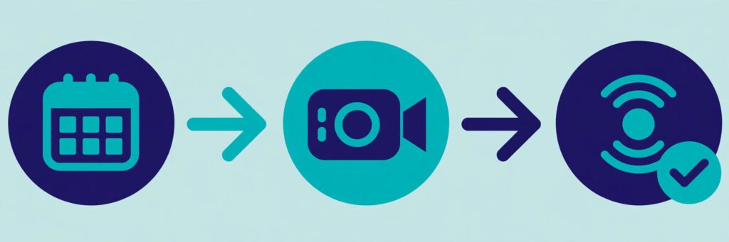 Flat vector illustration of a video meeting workflow from invite to recording