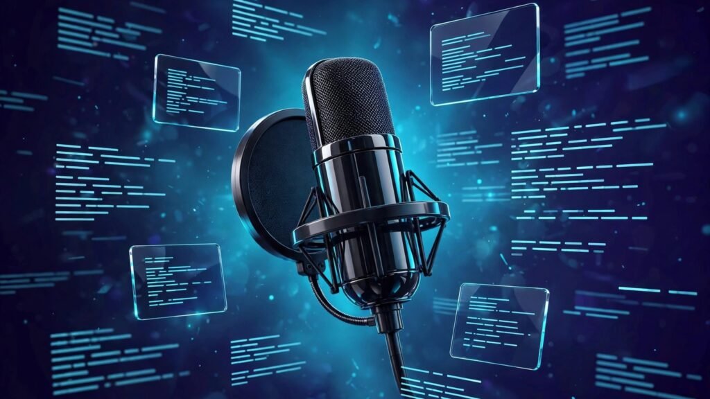 3D render of a microphone with floating transcript lines