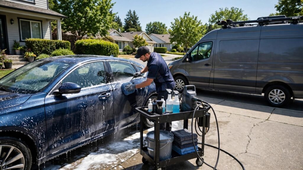 Mobile detailer washing a car at a customer driveway