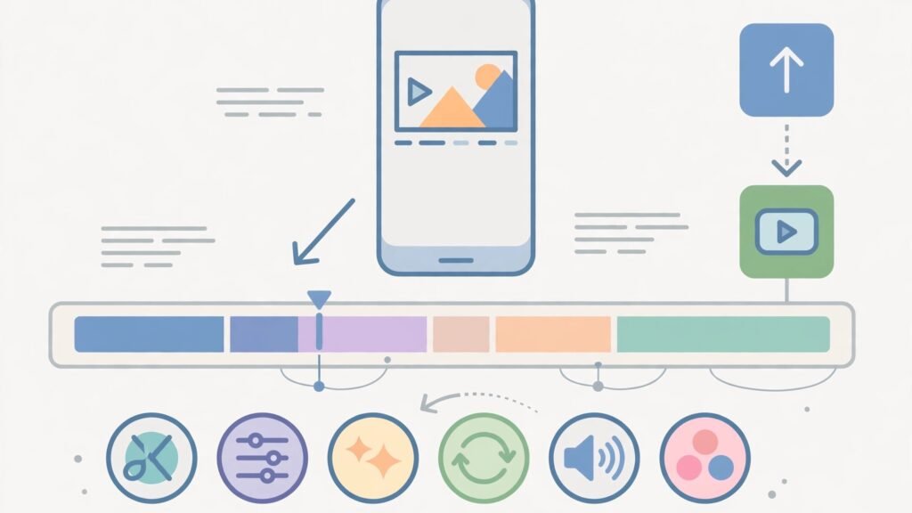 Flat vector illustration of a mobile video editing workflow