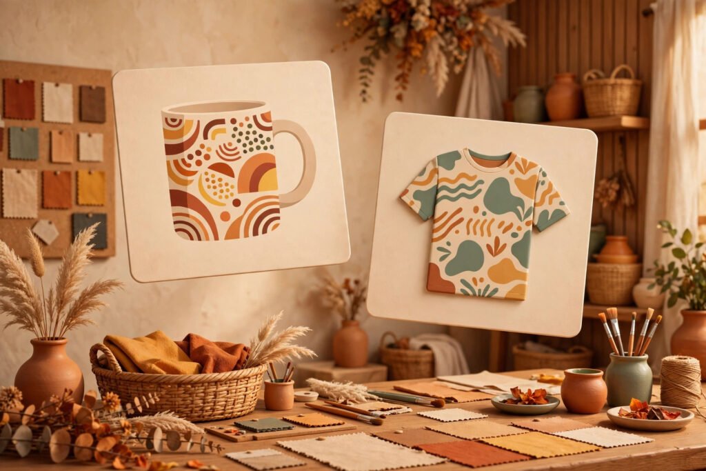 3D render of a product mockup studio with floating product cards