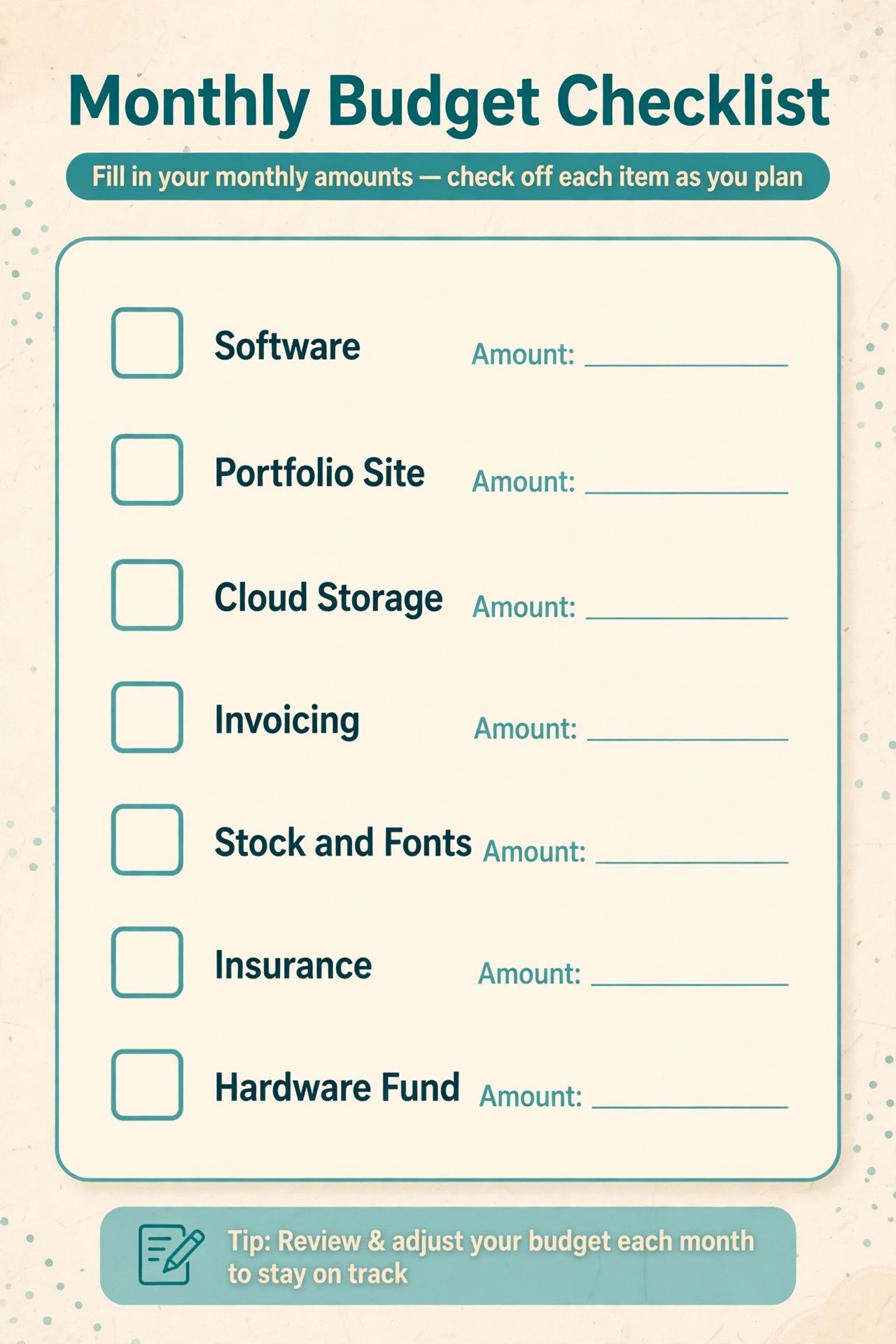 Monthly freelance design budget checklist