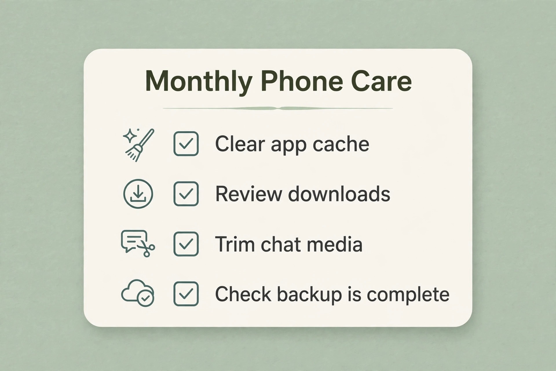 Monthly phone storage care checklist