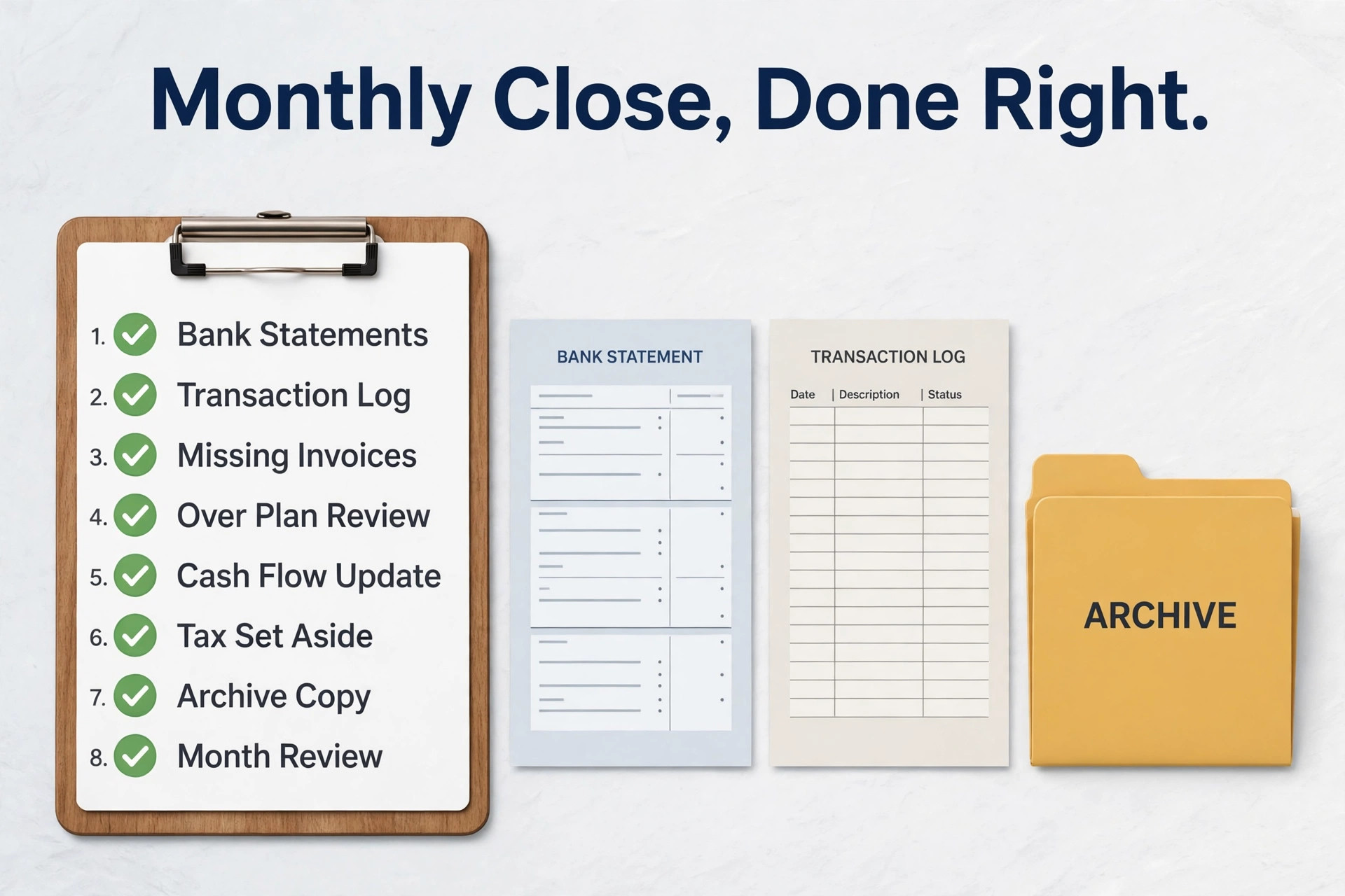 Monthly close checklist with eight completed steps
