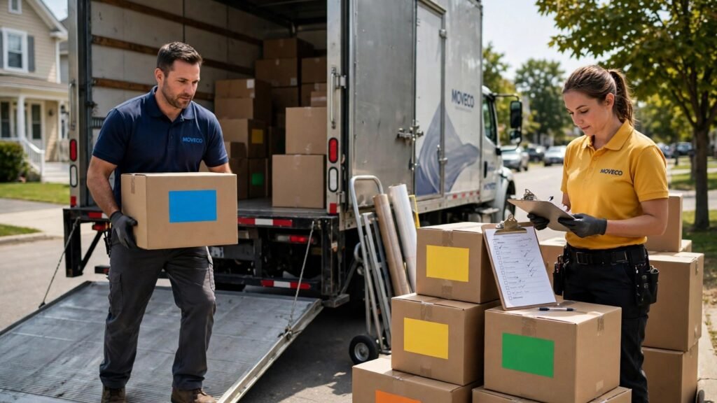 Movers loading labelled boxes into a truck